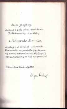Slávnostná promocia pána prezidenta Československej republiky Ph. Dr. Edvarda Beneša na čestného doktora práv Univerzity Komenského v Bratislave dňa 21.4.1937
