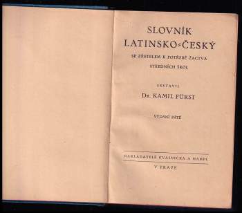 Kamil Fürst: Slovník latinsko-český se zřetelem k potřebě žactva středních škol