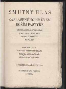 Jan Amos Komenský: Smutný hlas zaplašeného hněvem Božím pastýře k rozplašenému hynoucímu stádu : Vydáno v Amsterodámě, léta 1660