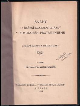 František Bednář: Snahy o řešení sociální otázky v novodobém protestantismu