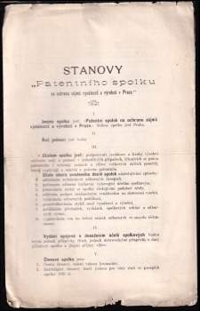 Stanovy "Patentního spolku na ochranu zájmů vynálezců a výrobců v Praze."