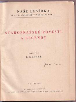 Julius Košnář: Staropražské pověsti a legendy