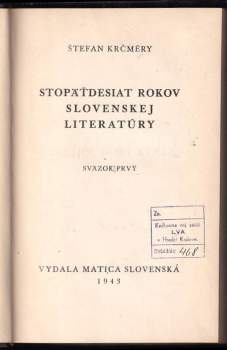 Štefan Krčméry: Stopätdesiať rokov slovenskej literatúry