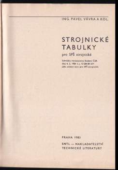 Pavel Vávra: Strojírenské tabulky pro SPŠ strojnické