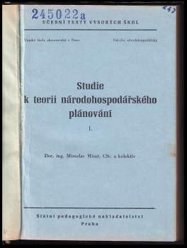 Miroslav Misař: Studie k teorii národohospodářského plánování