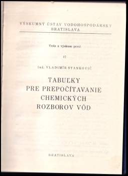 Vladimir Stanković: Tabuľky pre prepočítavanie chemických rozborov vôd