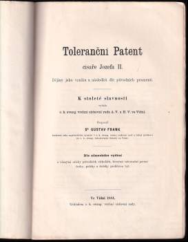 Gustav Frank: Toleranční patent císaře Jozefa II