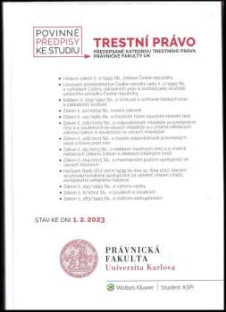 Trestní právo : povinné předpisy ke studiu předepsané katedrou trestního práva Právnické fakulty UK : stav ke dni 1.2.2023