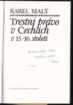 Karel Malý: Trestní právo v Čechách v 15.-16. století