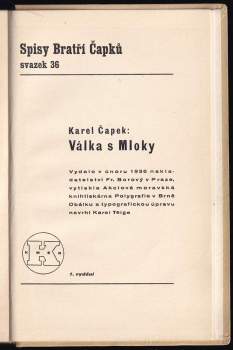 Karel Čapek: Válka s Mloky - 1. VYDÁNÍ