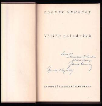 Zdeněk Němeček: Vějíř z poledníků - DEDIKACE /PODPIS LADISLAV SUTNAR - VĚNOVÁNO ST. KOHOUTOVI - TYPOGRAF