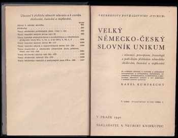 Karel Kumprecht: Velký česko-německý slovník Unikum s mluvnicí, pravopisem, frazeologií a podrobným přehledem německého skloňpvání, časování a stupňování