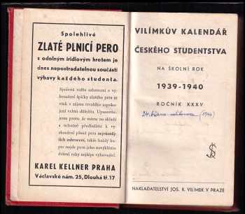 Vilímkův kalendář českého studentstva 1939 - 1940 ROČNÍK XXXV