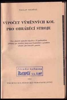 Václav Klepal: Výpočet výměnných kol pro obráběcí stroje