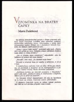 Marie Podešvová: Vzpomínka na bratry Čapky