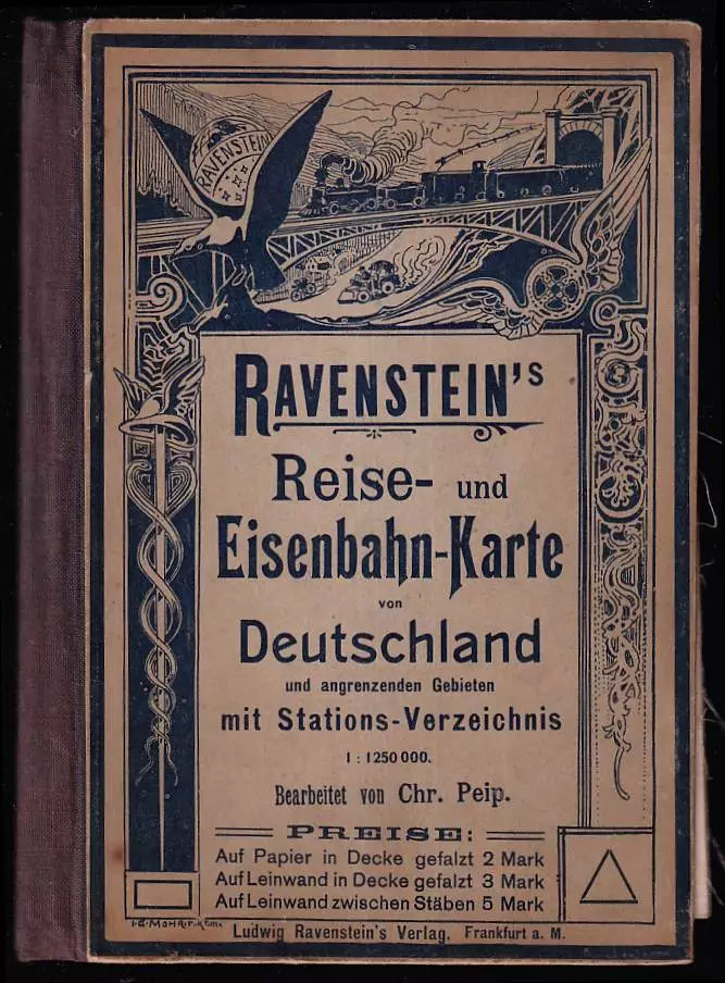 Ravenstein´s Reise- und Eisenbahn-Karte von Deutschland und angrenzenden Gebieten mit Stations-Verzeichnis. Maßstab 1:1 250 000.