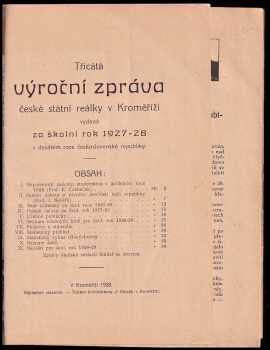 XXX. výroční zpráva české státní reálky v Kroměříži za šk. rok 1927 - 1928 v X. roce republiky
