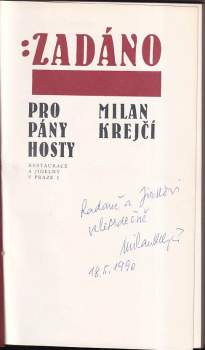 Milan Krejčí: Zadáno pro pány hosty