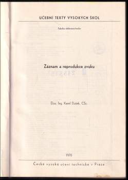 Karel Dušek: Záznam a reprodukce zvuku