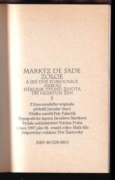 Donatien Alphonse François de Sade: Zoloe a její dvě pomocnice, neboli, Několik týdnů života tří hezkých žen