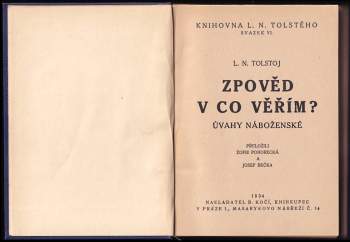 Lev Nikolajevič Tolstoj: Zpověd ; V co věřím? : úvahy náboženské